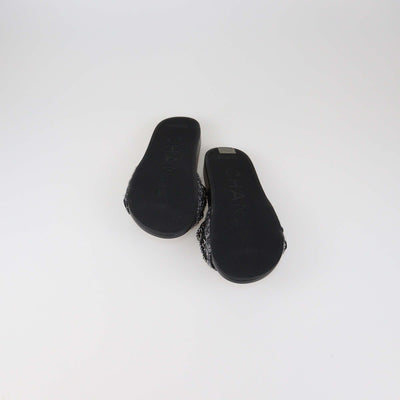 Chanel Black Tweed Multi Chain & Beaded Detail Slide Sandals