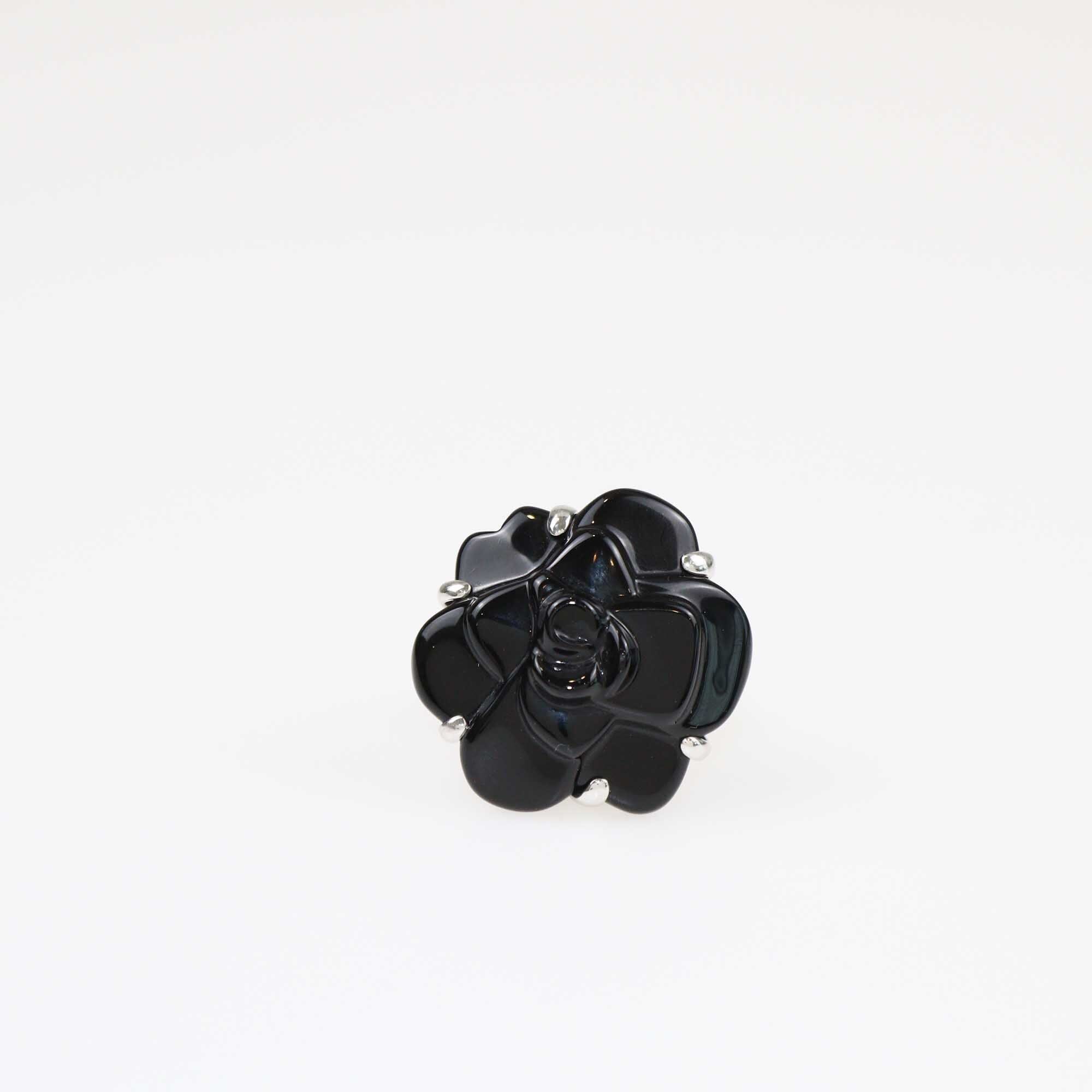 Chanel Onyx 18K White Gold Camelia Ring Jewellery Chanel 