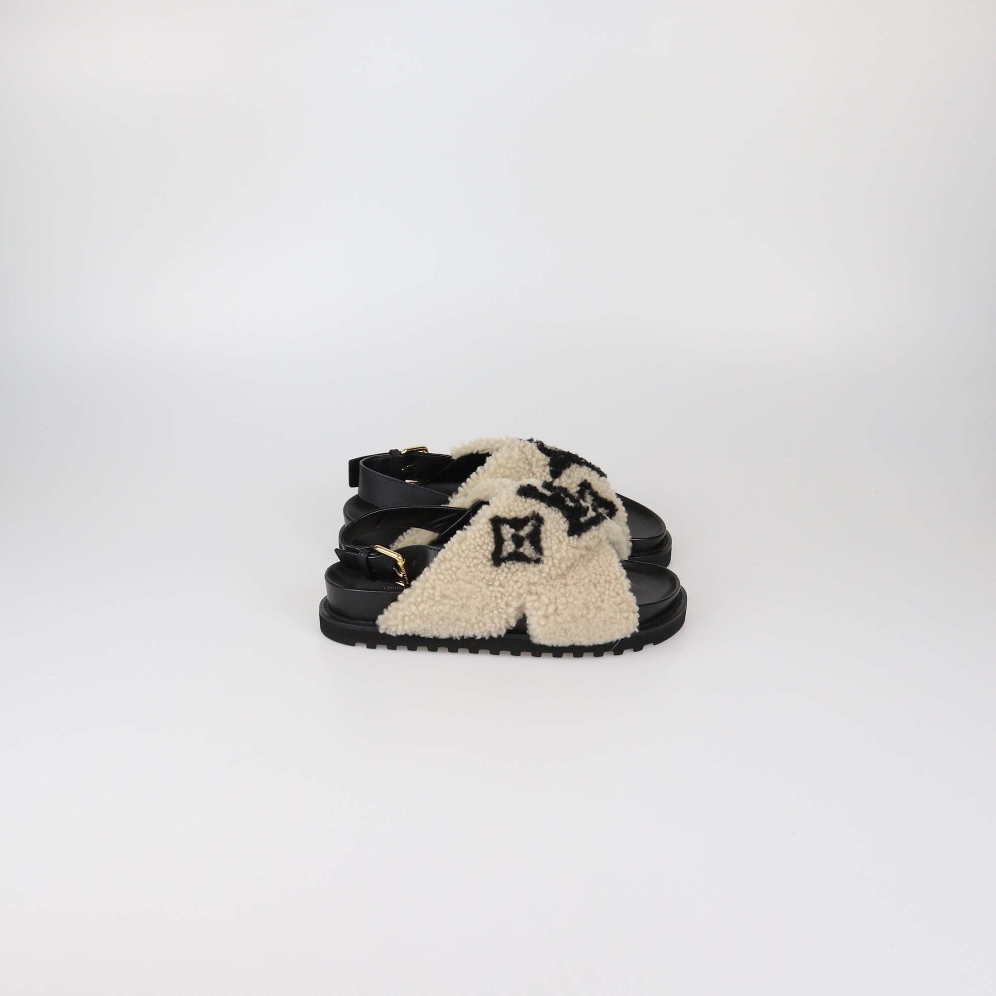 Louis Vuitton Beige/Black Shearling Paseo Comfort Flat Sandals