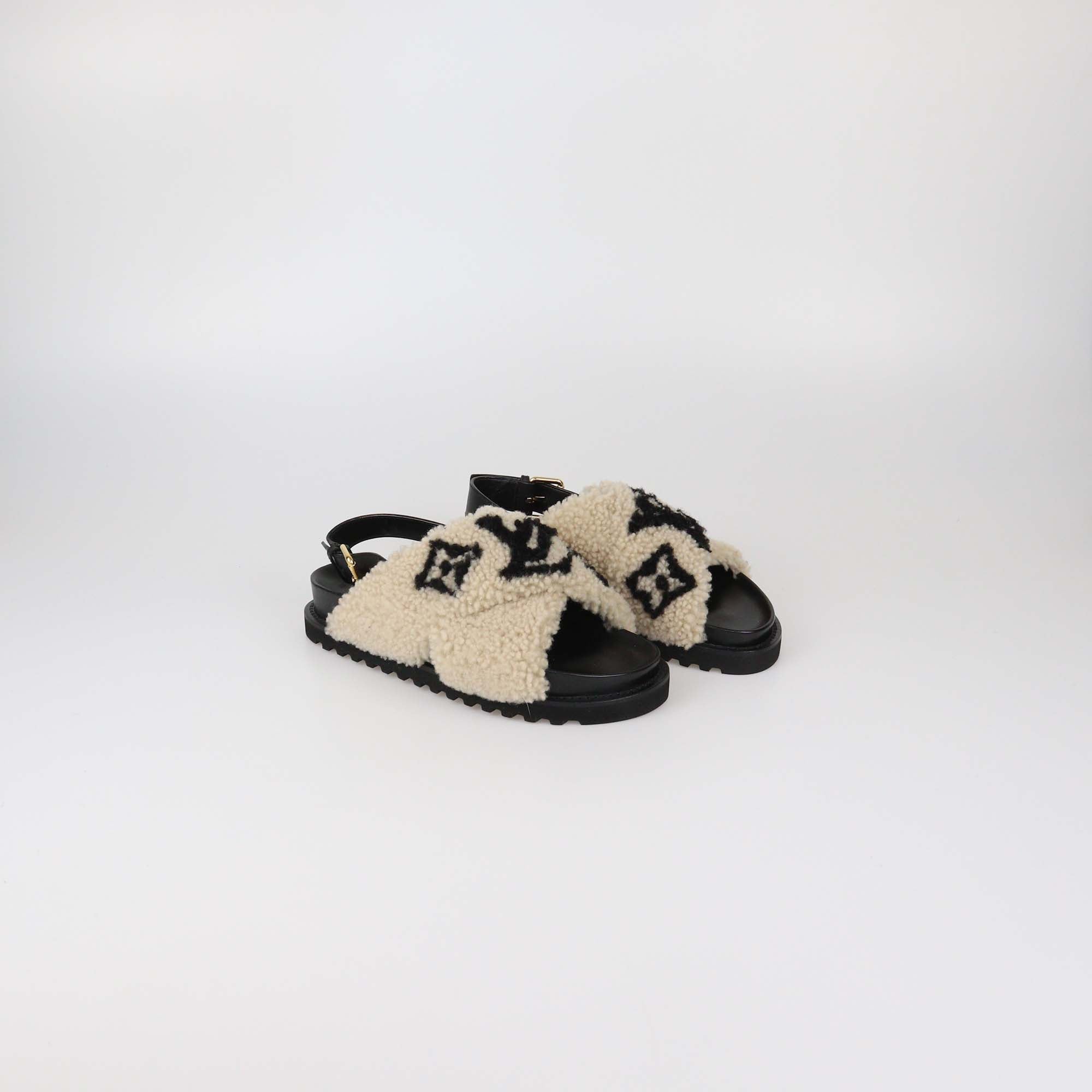 Louis Vuitton Beige/Black Shearling Paseo Comfort Flat Sandals