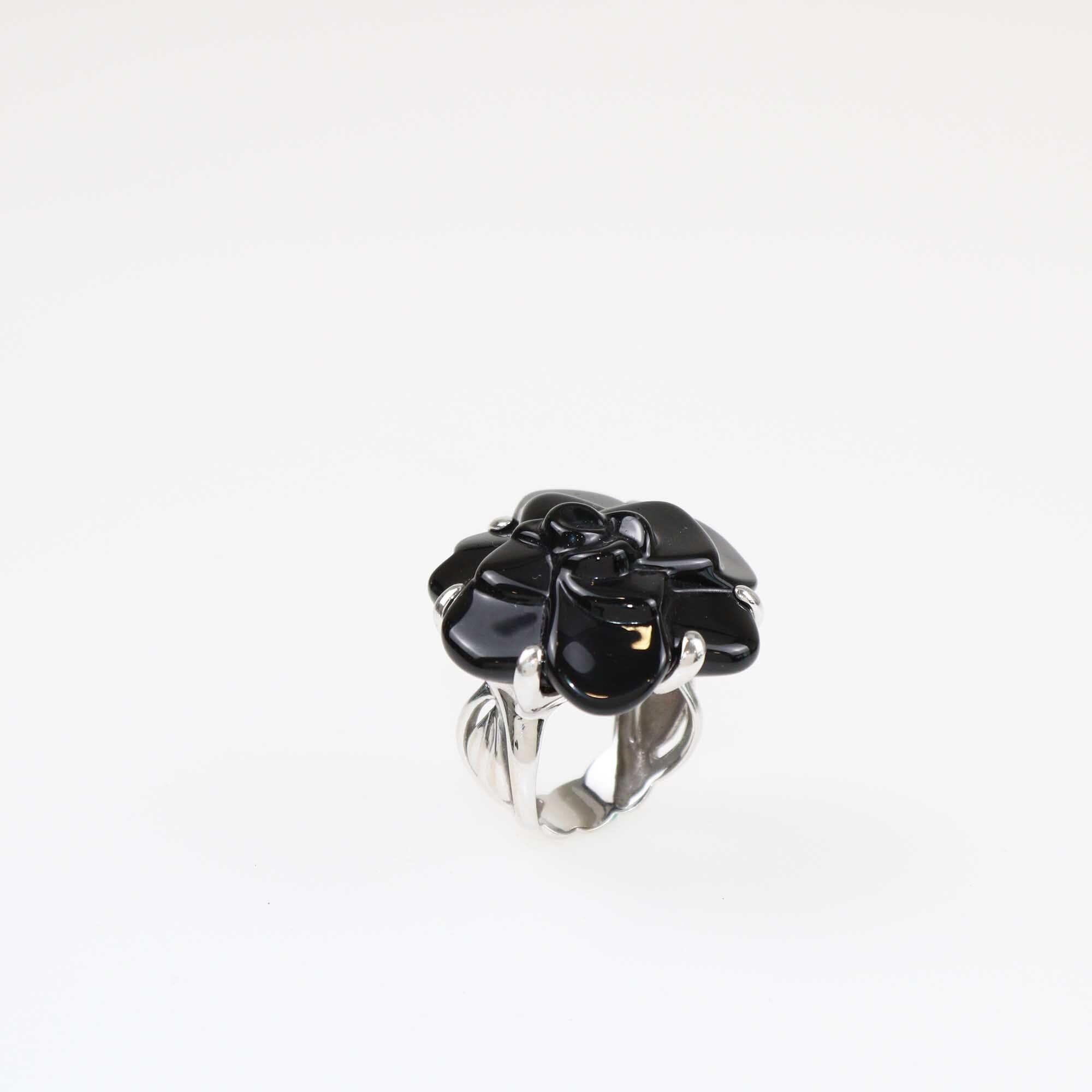 Chanel Onyx 18K White Gold Camelia Ring Jewellery Chanel 