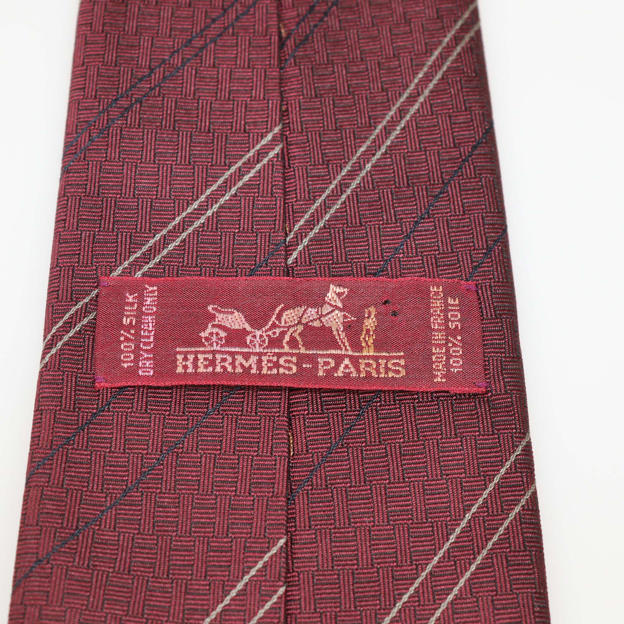 Hermes Burgundy Silk Stripe Geometrical H Tie