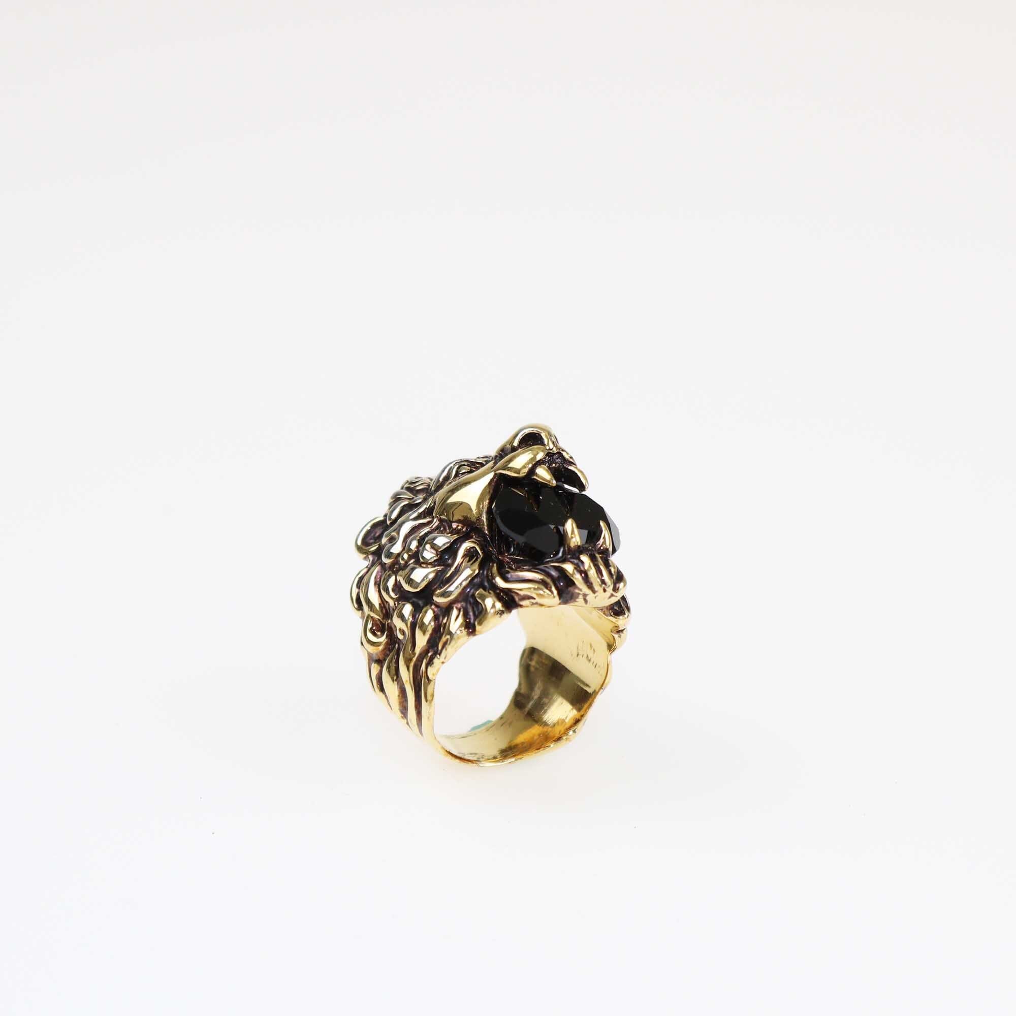 Gucci Gold Plated Metal Black Crystal Lion Head Ring Size 19 Accessories Gucci 