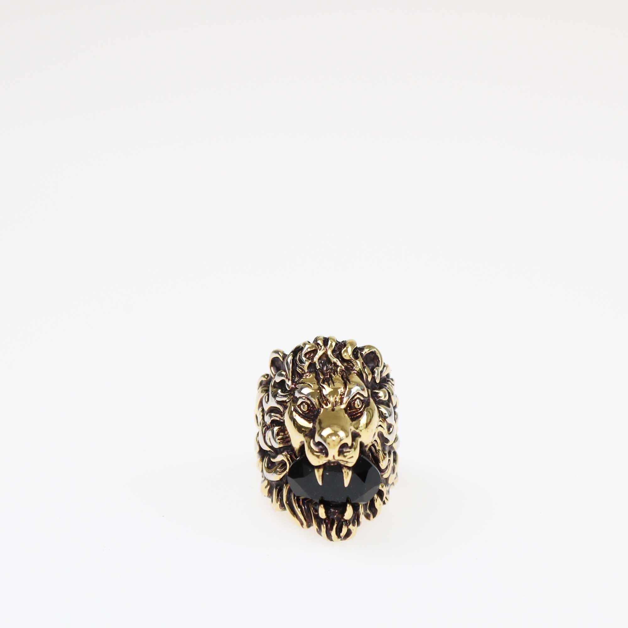 Gucci Gold Plated Metal Black Crystal Lion Head Ring Size 19 Accessories Gucci 