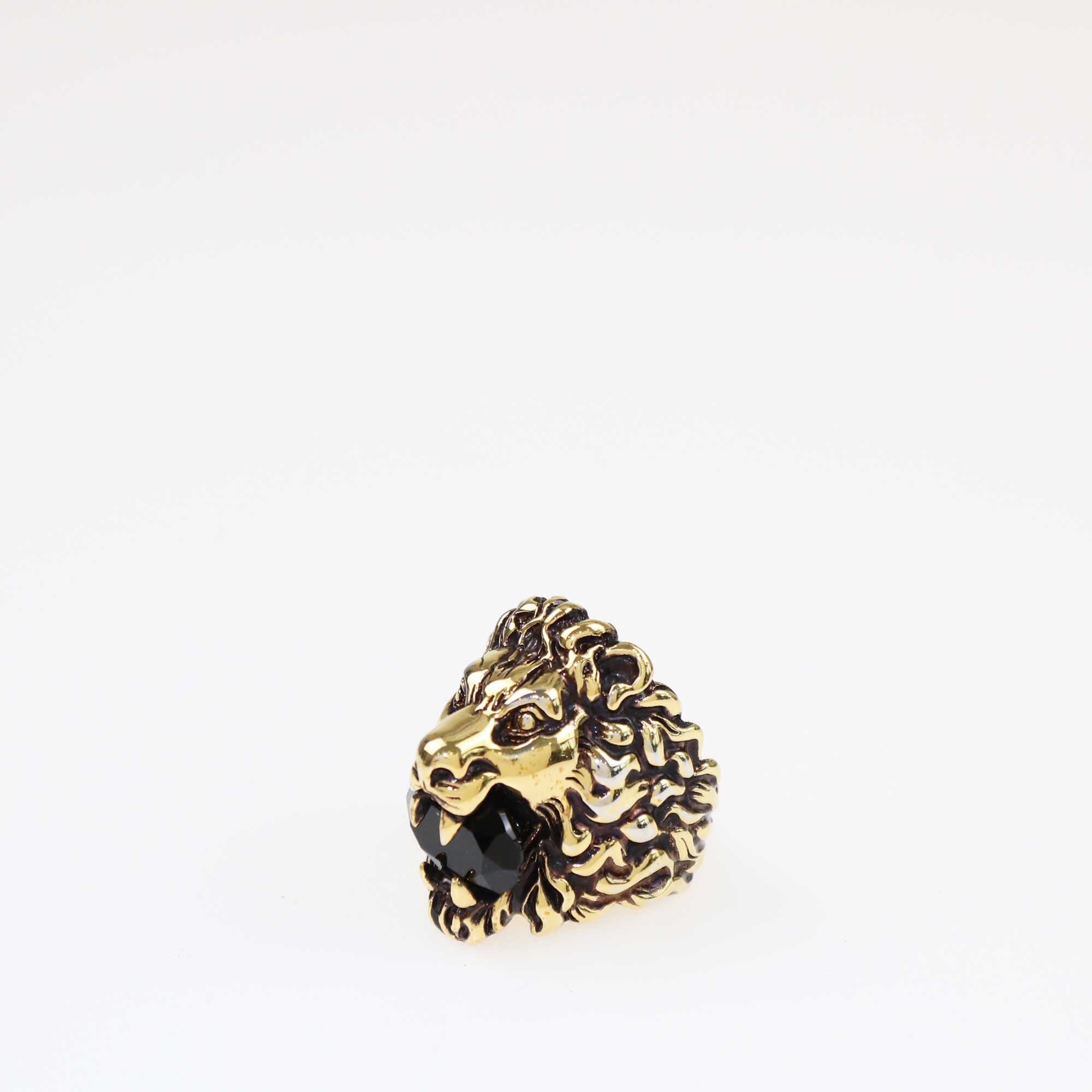 Gucci Gold Plated Metal Black Crystal Lion Head Ring Size 19 Accessories Gucci 