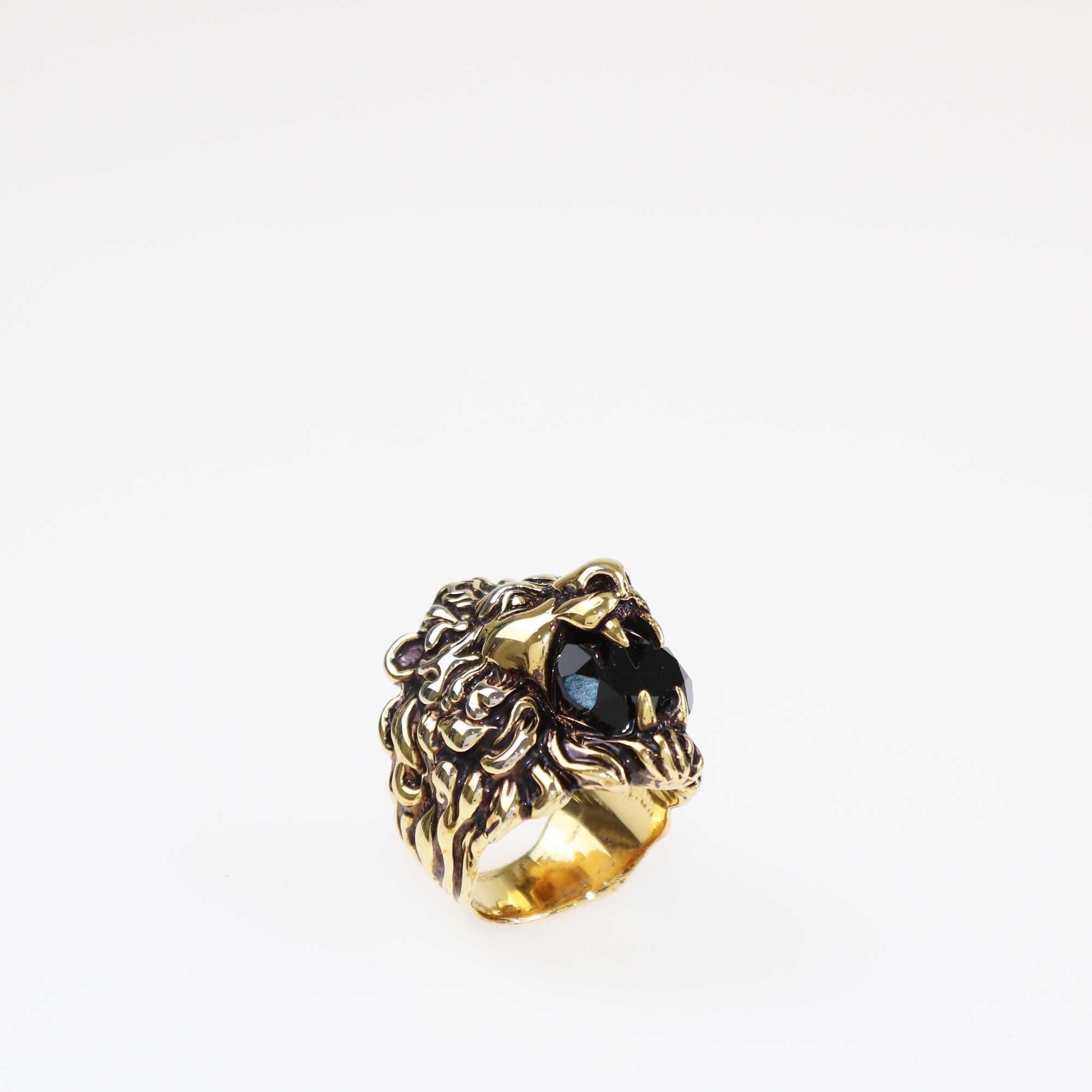 Gucci Gold Plated Metal Black Crystal Lion Head Ring Size 19 Accessories Gucci 