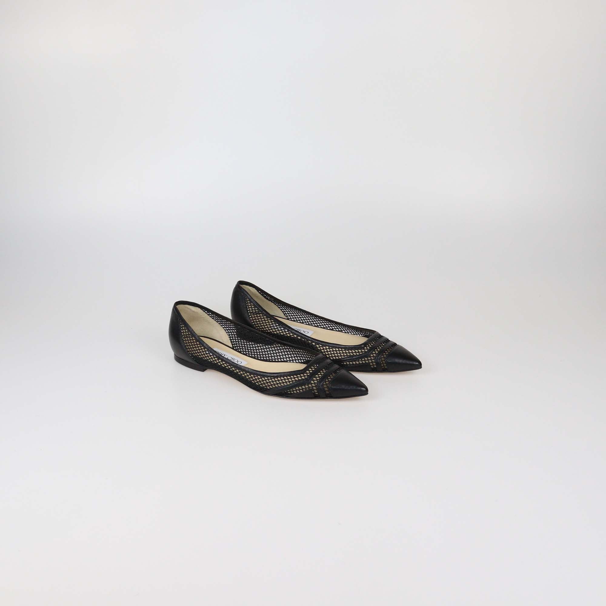 Jimmy Choo Black Mesh Nylon and Leather Pointed Toe Flats