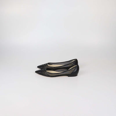 Jimmy Choo Black Mesh Nylon and Leather Pointed Toe Flats