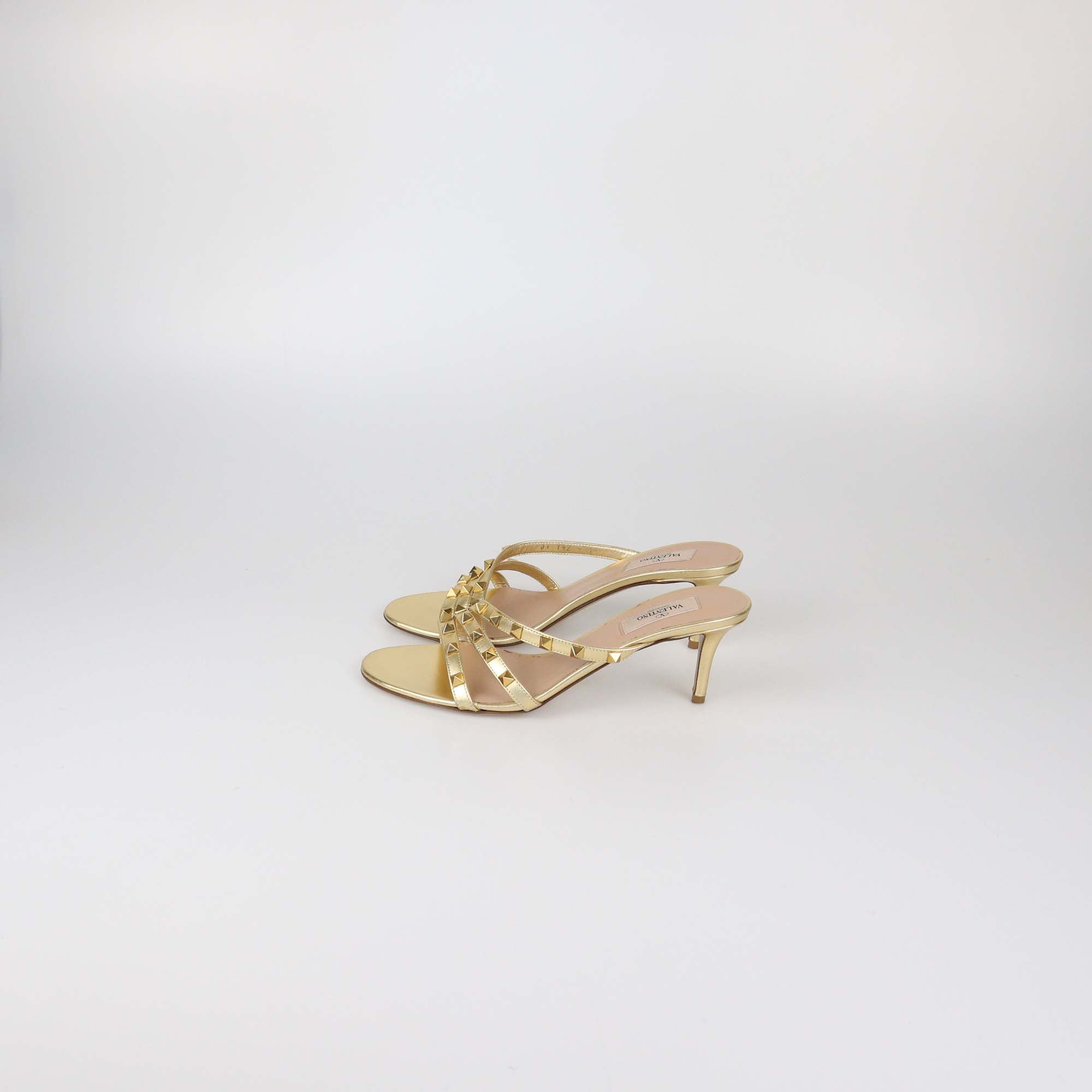 Valentino Gold Leather Rockstud Slide Sandals