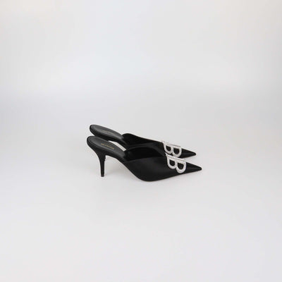 Balenciaga Black Satin Crystal BB Mules