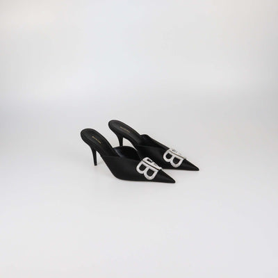 Balenciaga Black Satin Crystal BB Mules
