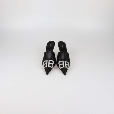 Balenciaga Black Satin Crystal BB Mules