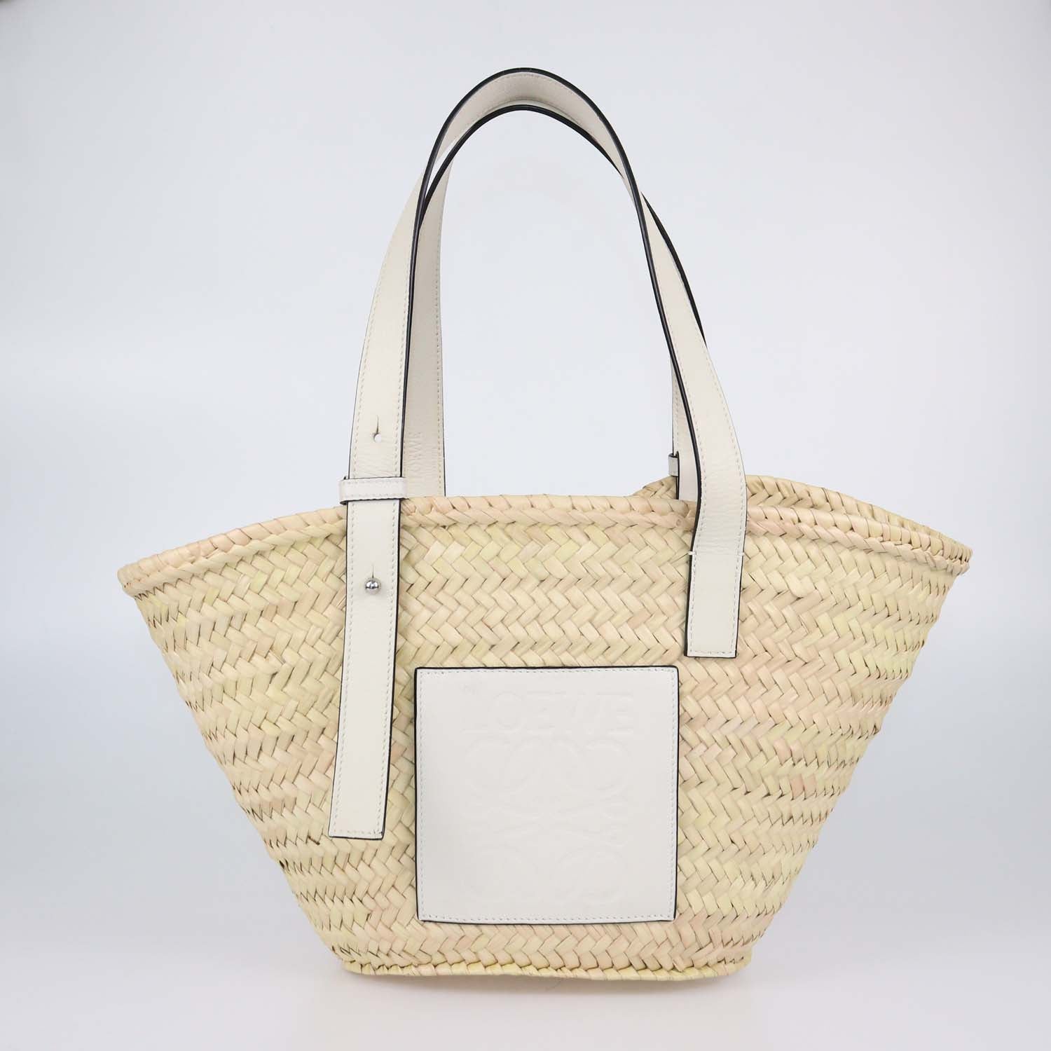 Loewe White/Natural Palm Leaf and Leather Anagram Basket Bag