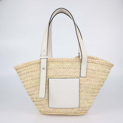 Loewe White/Natural Palm Leaf and Leather Anagram Basket Bag