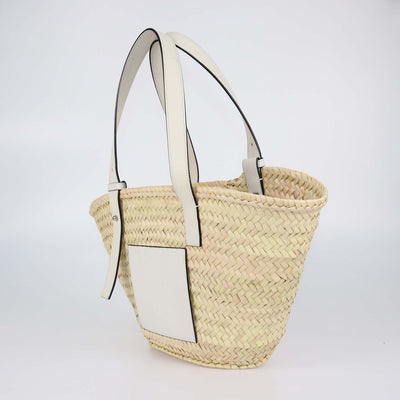 Loewe White/Natural Palm Leaf and Leather Anagram Basket Bag