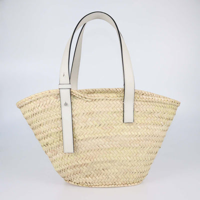 Loewe White/Natural Palm Leaf and Leather Anagram Basket Bag