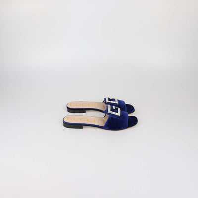 Gucci Blue Velvet Jewelled Madelyn Slide Sandals