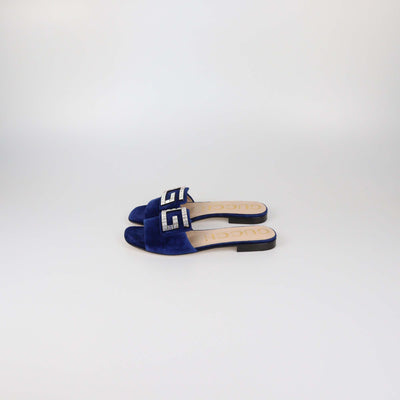 Gucci Blue Velvet Jewelled Madelyn Slide Sandals