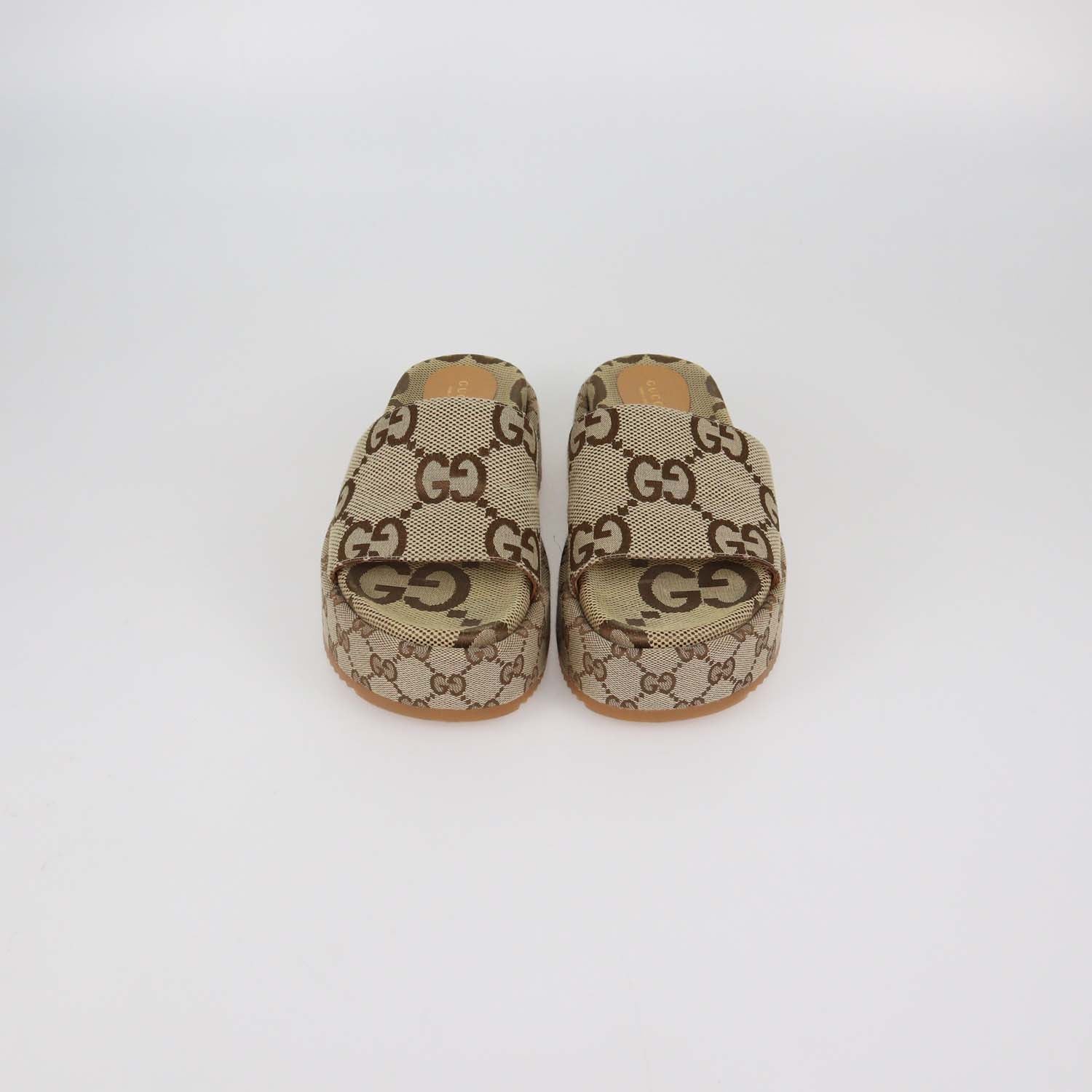 Gucci Beige Maxi GG Canvas Platform Slide Sandals