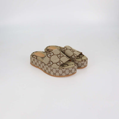 Gucci Beige Maxi GG Canvas Platform Slide Sandals