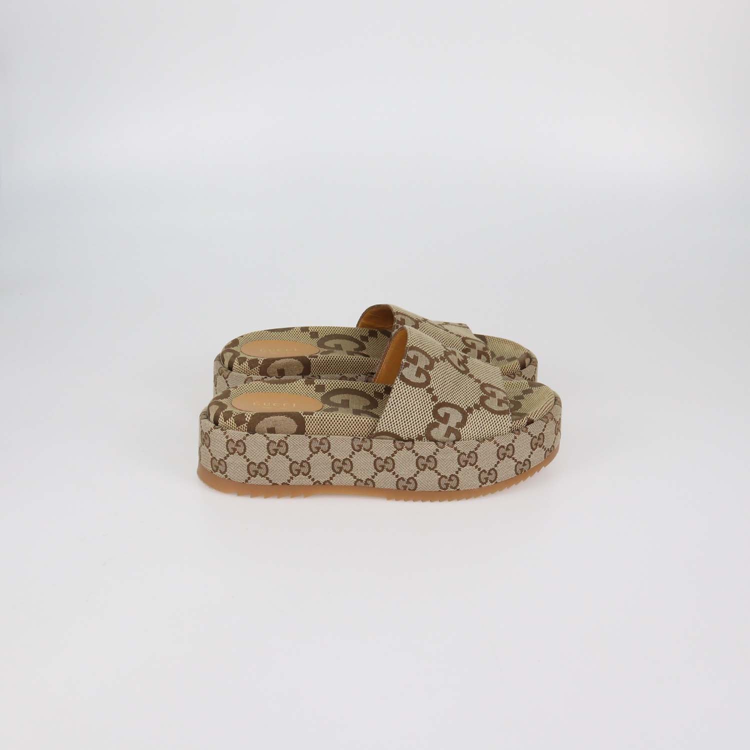 Gucci Beige Maxi GG Canvas Platform Slide Sandals