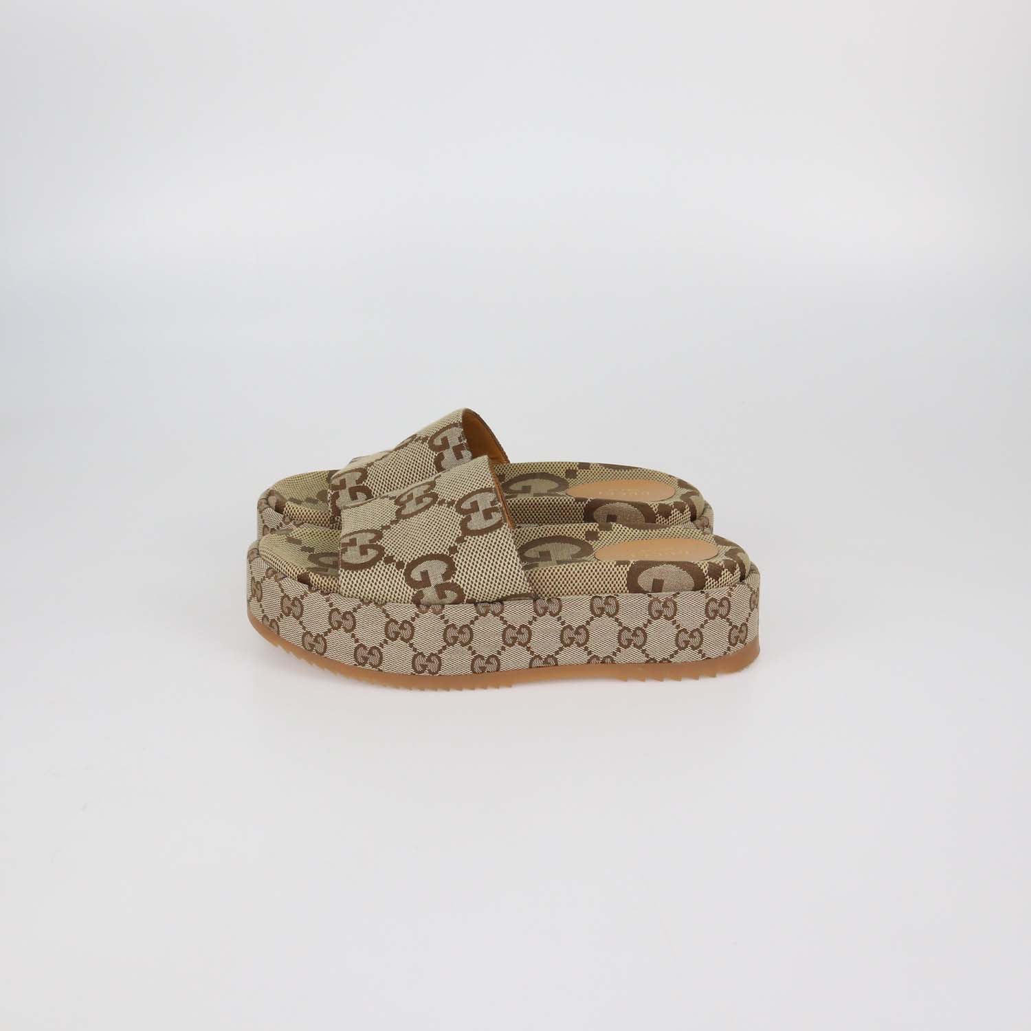 Gucci Beige Maxi GG Canvas Platform Slide Sandals