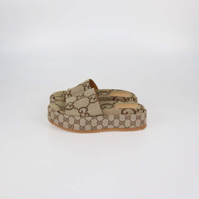 Gucci Beige Maxi GG Canvas Platform Slide Sandals