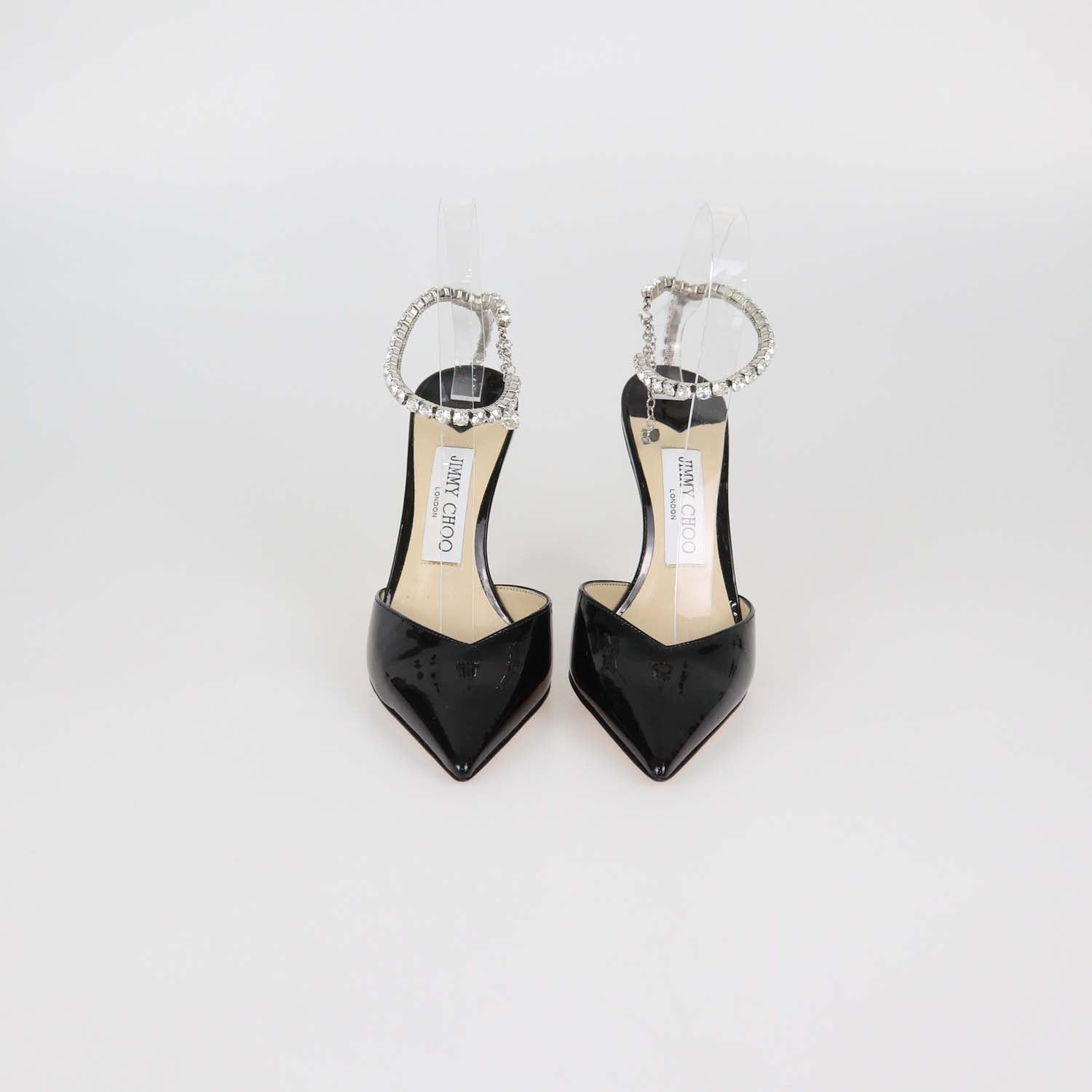 Jimmy Choo Black Patent Leather Saede Crystal Chain Ankle Strap Pumps