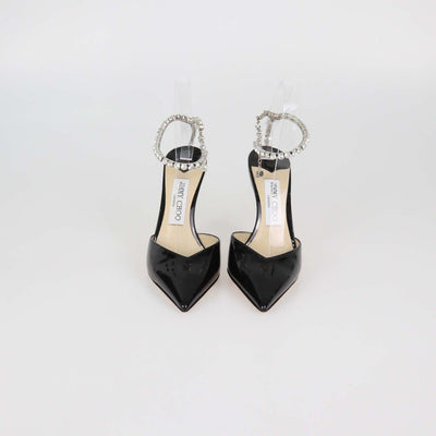 Jimmy Choo Black Patent Leather Saede Crystal Chain Ankle Strap Pumps