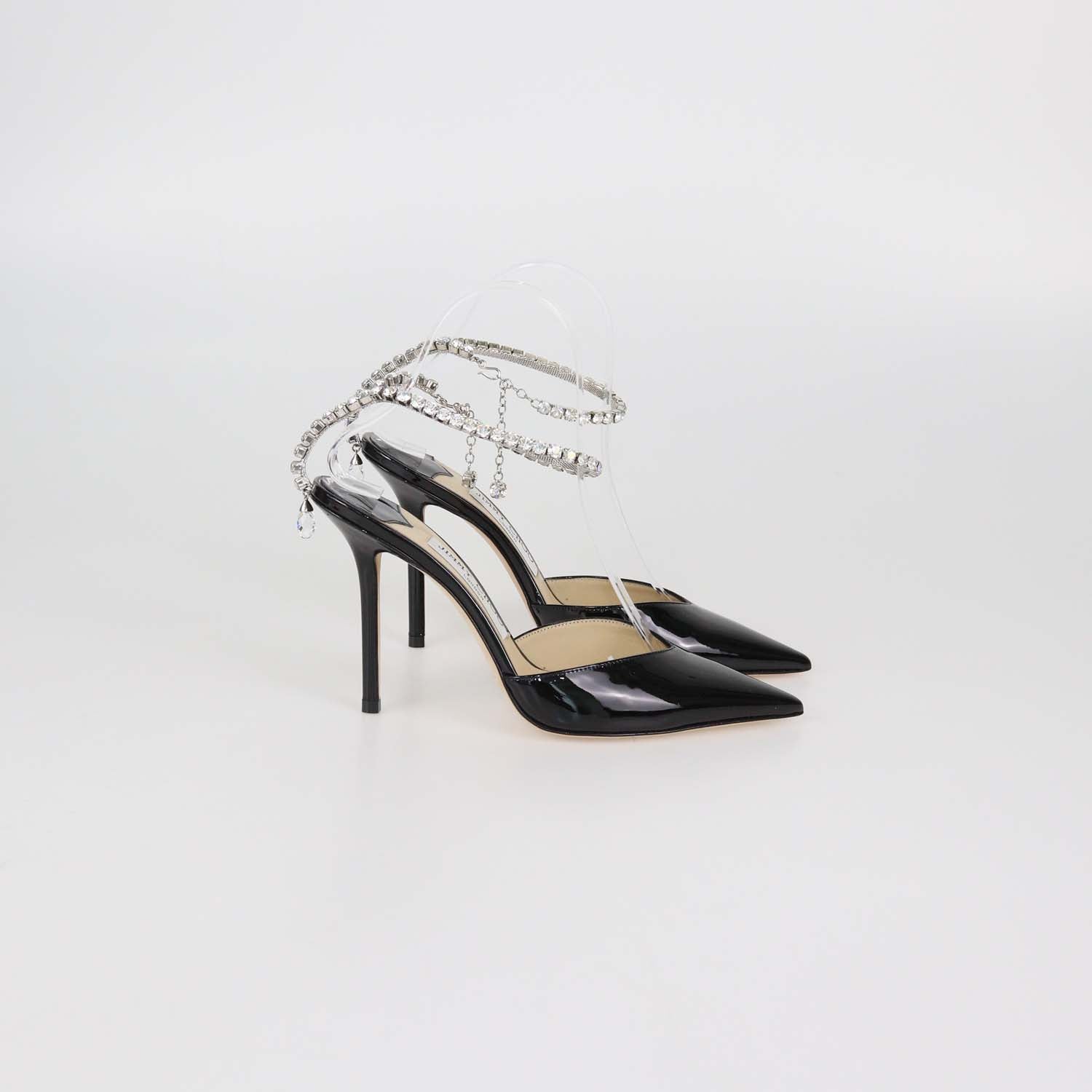 Jimmy Choo Black Patent Leather Saede Crystal Chain Ankle Strap Pumps