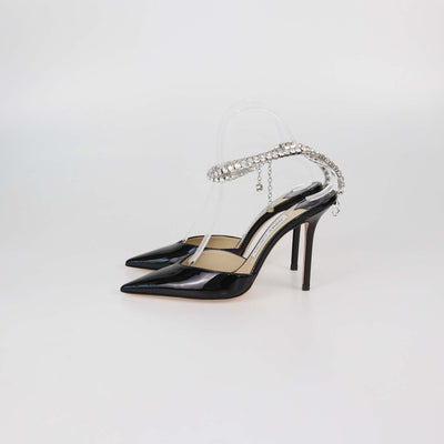 Jimmy Choo Black Patent Leather Saede Crystal Chain Ankle Strap Pumps