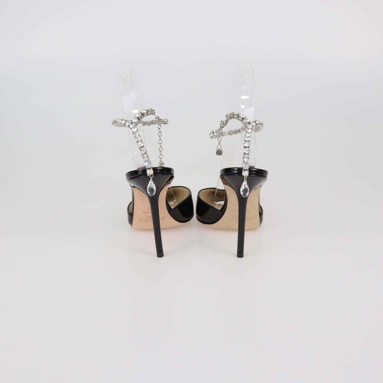 Jimmy Choo Black Patent Leather Saede Crystal Chain Ankle Strap Pumps