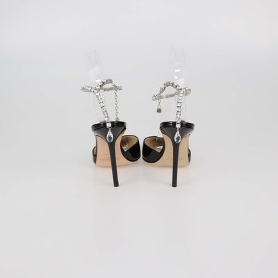 Jimmy Choo Black Patent Leather Saede Crystal Chain Ankle Strap Pumps