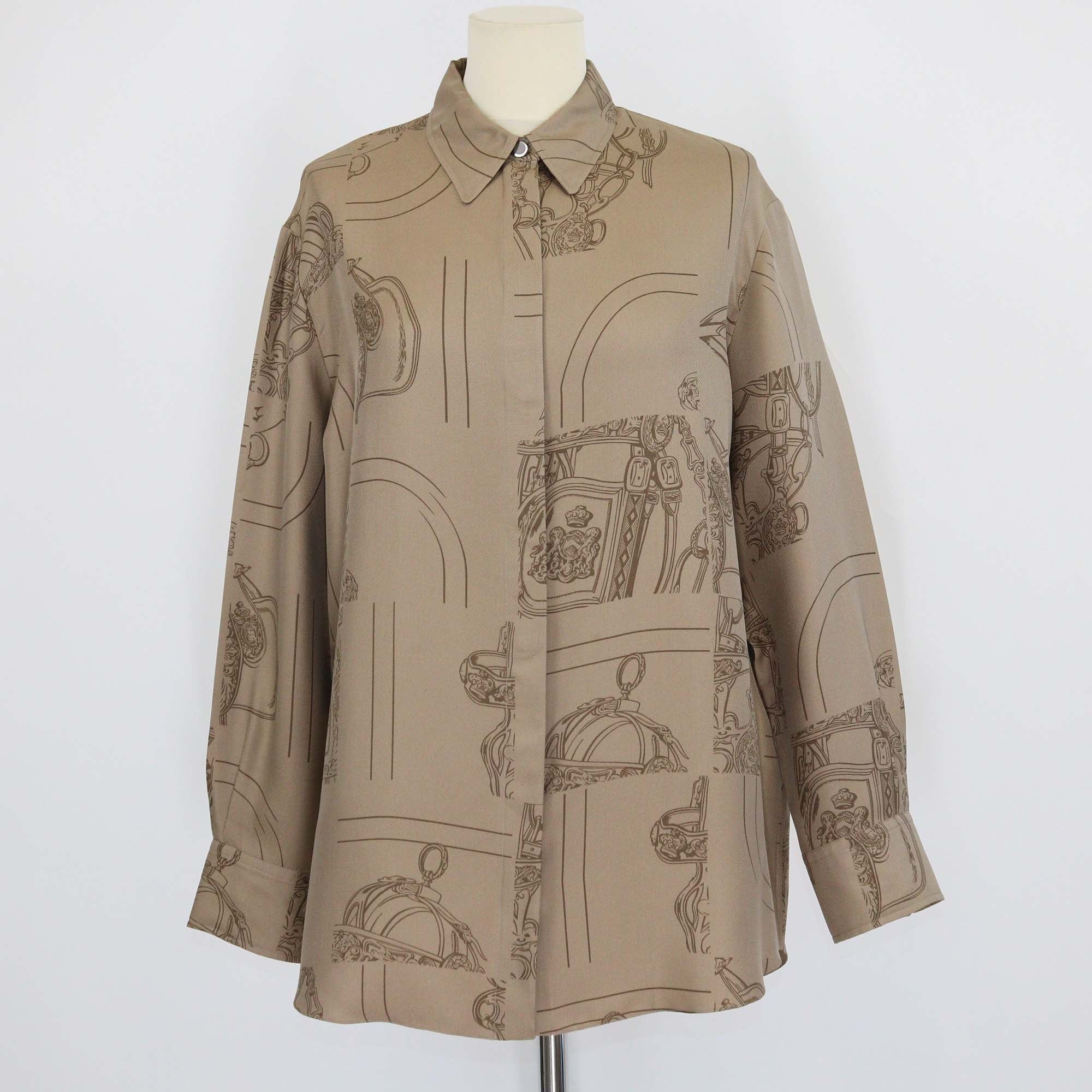 Hermes Khaki Silk En Desordre Finesse Print Long Sleeve Shirt