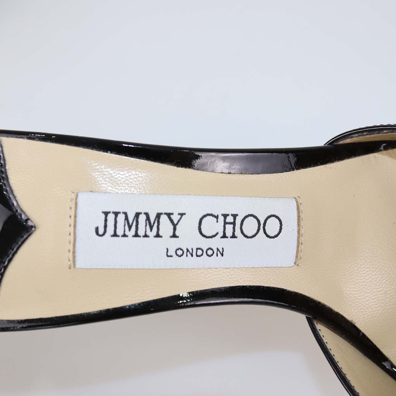 Jimmy Choo Black Patent Leather Saede Crystal Chain Ankle Strap Pumps