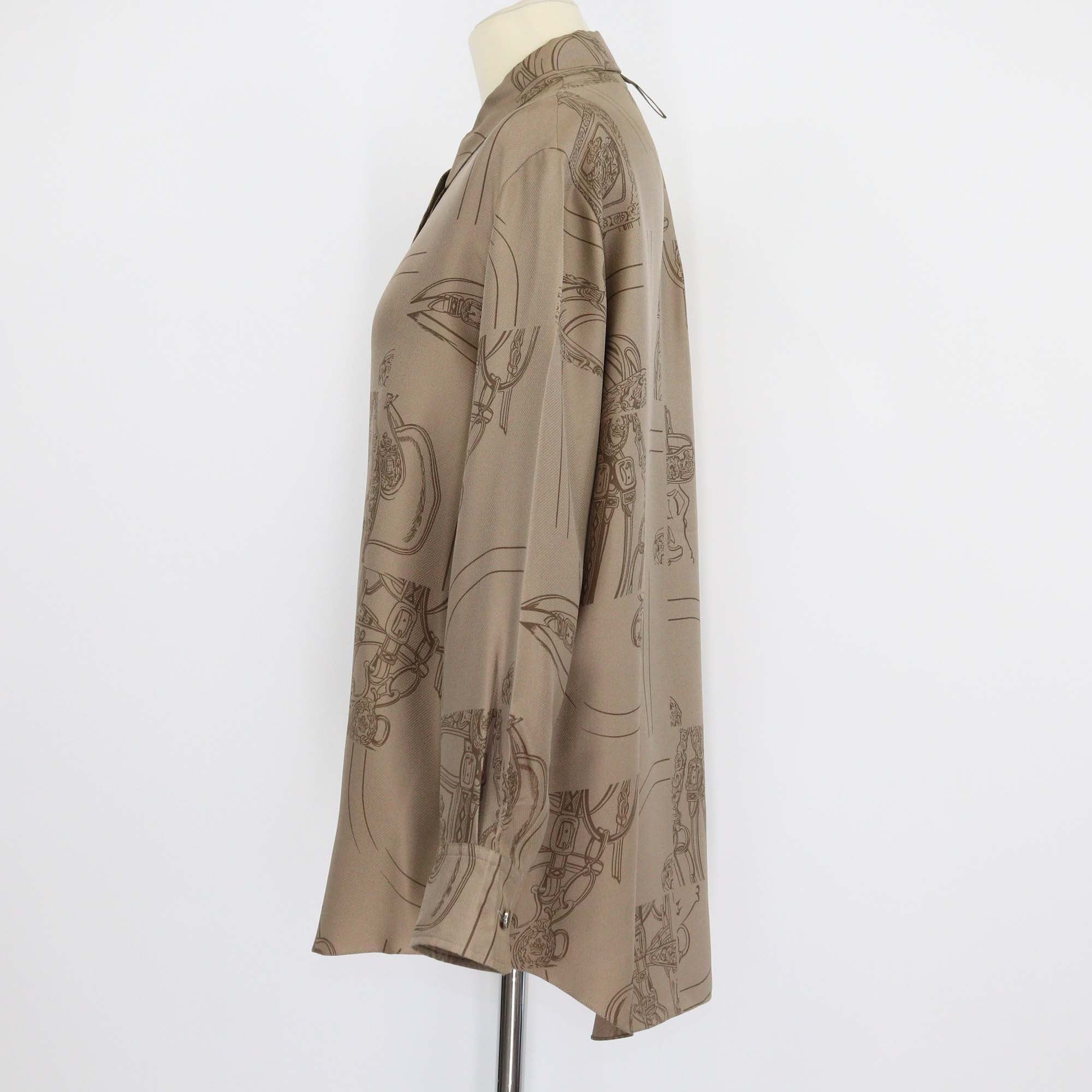 Hermes Khaki Silk En Desordre Finesse Print Long Sleeve Shirt