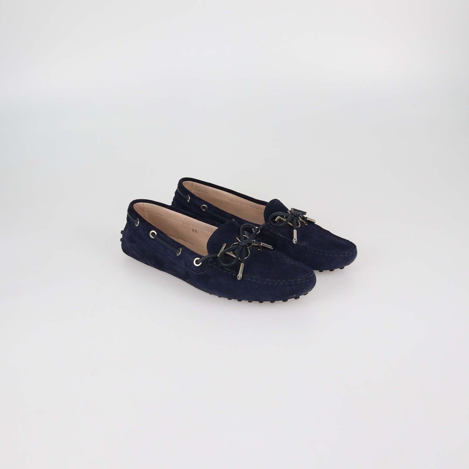 Tod's Navy Blue Suede Bow Slip On Loafers