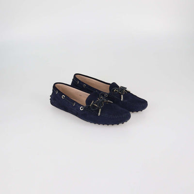Tod's Navy Blue Suede Bow Slip On Loafers