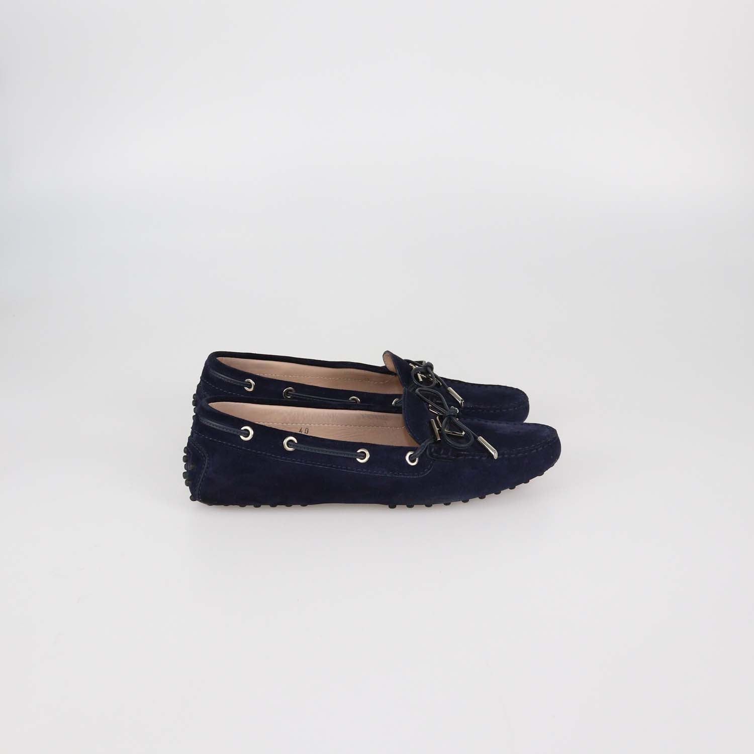 Tod's Navy Blue Suede Bow Slip On Loafers