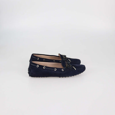 Tod's Navy Blue Suede Bow Slip On Loafers