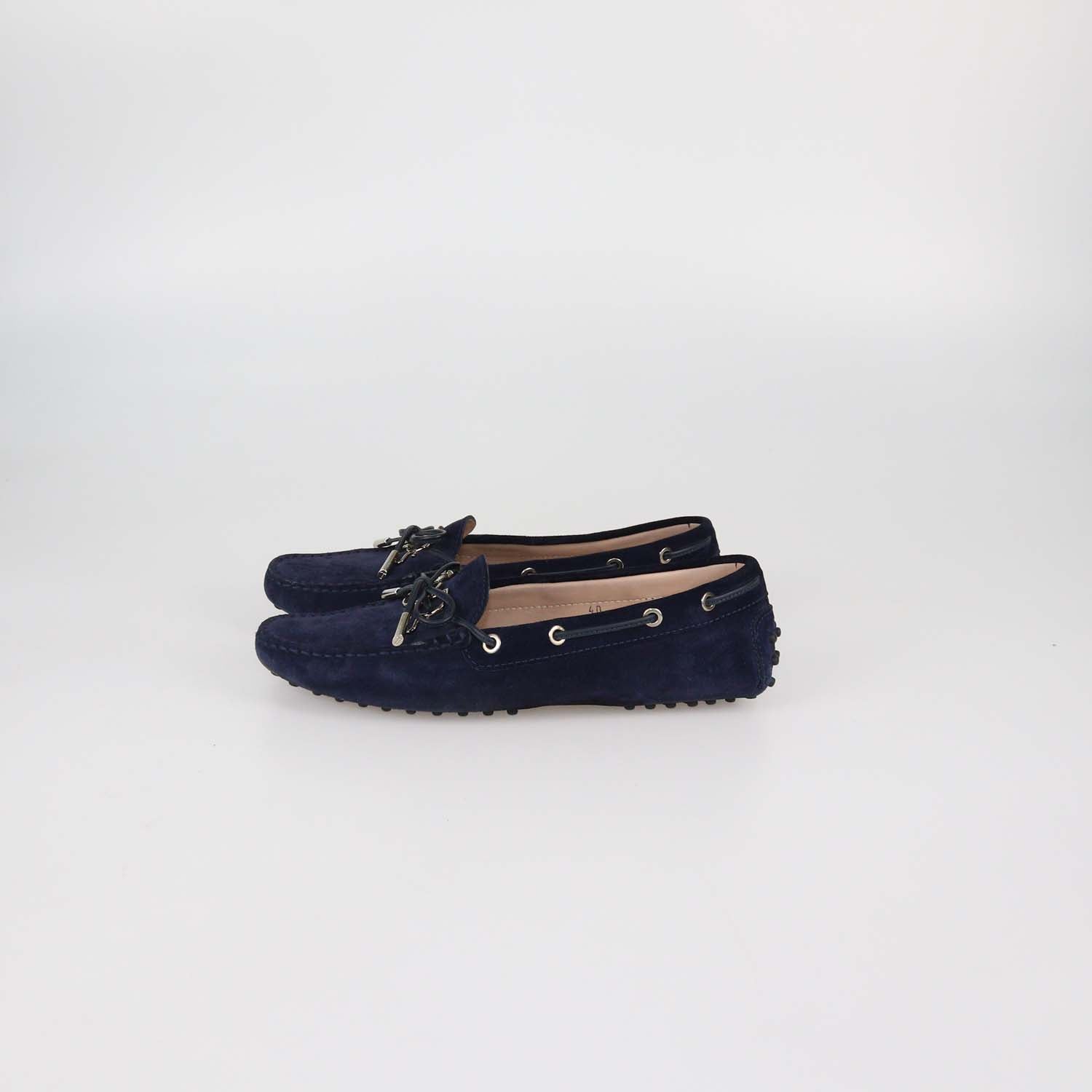 Tod's Navy Blue Suede Bow Slip On Loafers