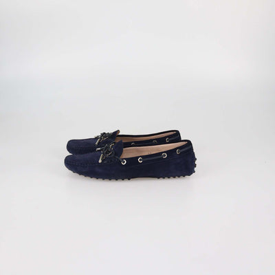 Tod's Navy Blue Suede Bow Slip On Loafers