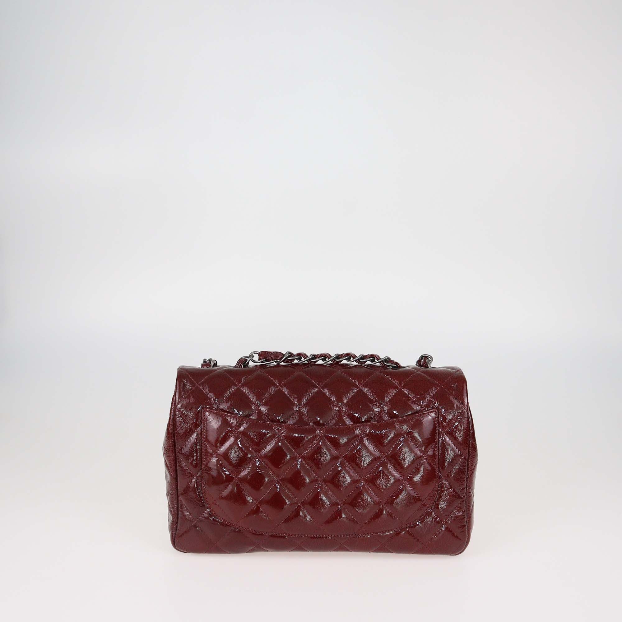 Chanel Burgundy Quilted Crinkled Patent Leather Jumbo Classic Single Flap Bag