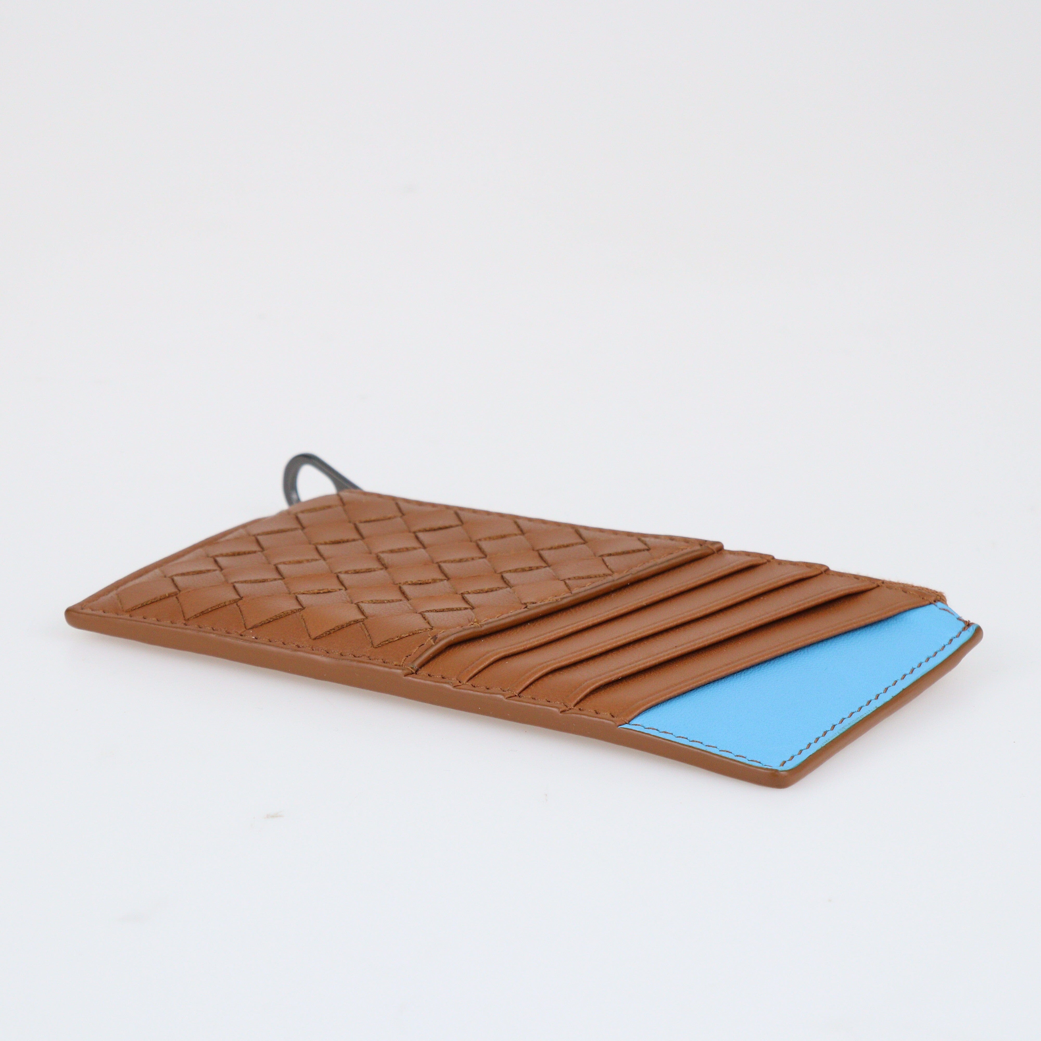 Brown/Blue Intrecciato Zipped Card Holder Wallet Bags Bottega Veneta 
