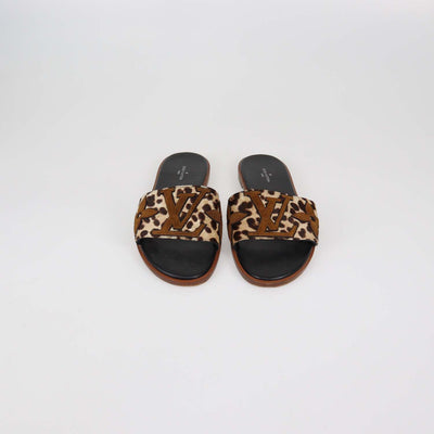 Louis Vuitton Brown Leopard Print Calf Hair and Suede Monogram Lock It Flat Sandals