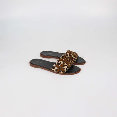 Louis Vuitton Brown Leopard Print Calf Hair and Suede Monogram Lock It Flat Sandals