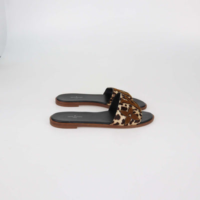 Louis Vuitton Brown Leopard Print Calf Hair and Suede Monogram Lock It Flat Sandals