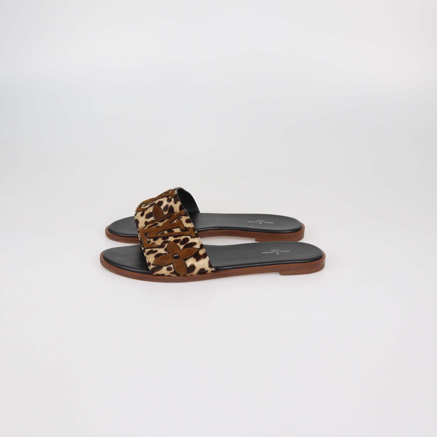 Louis Vuitton Brown Leopard Print Calf Hair and Suede Monogram Lock It Flat Sandals