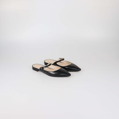 Prada Black Glazed Leather Mary Jane Flat Mules