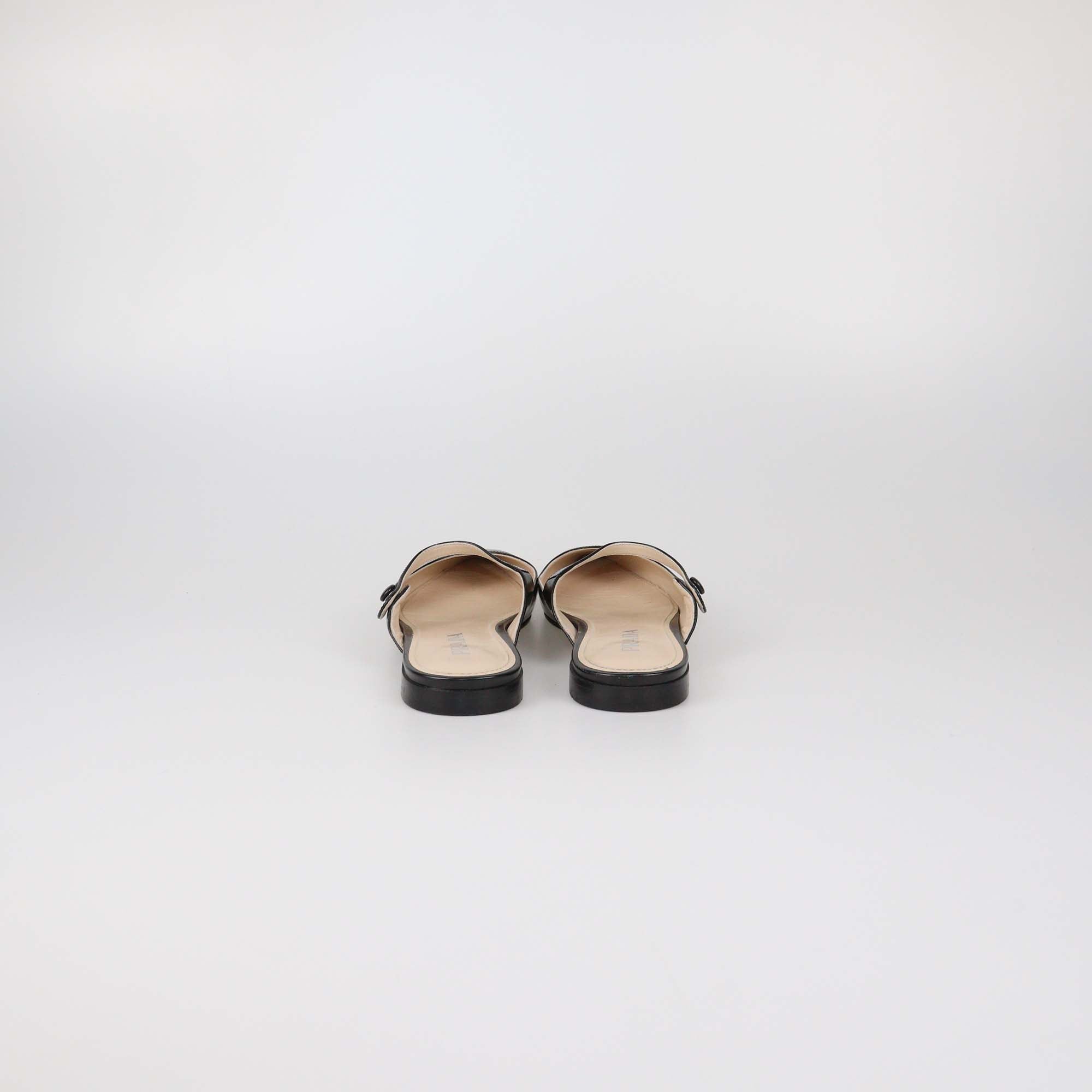 Prada Black Glazed Leather Mary Jane Flat Mules